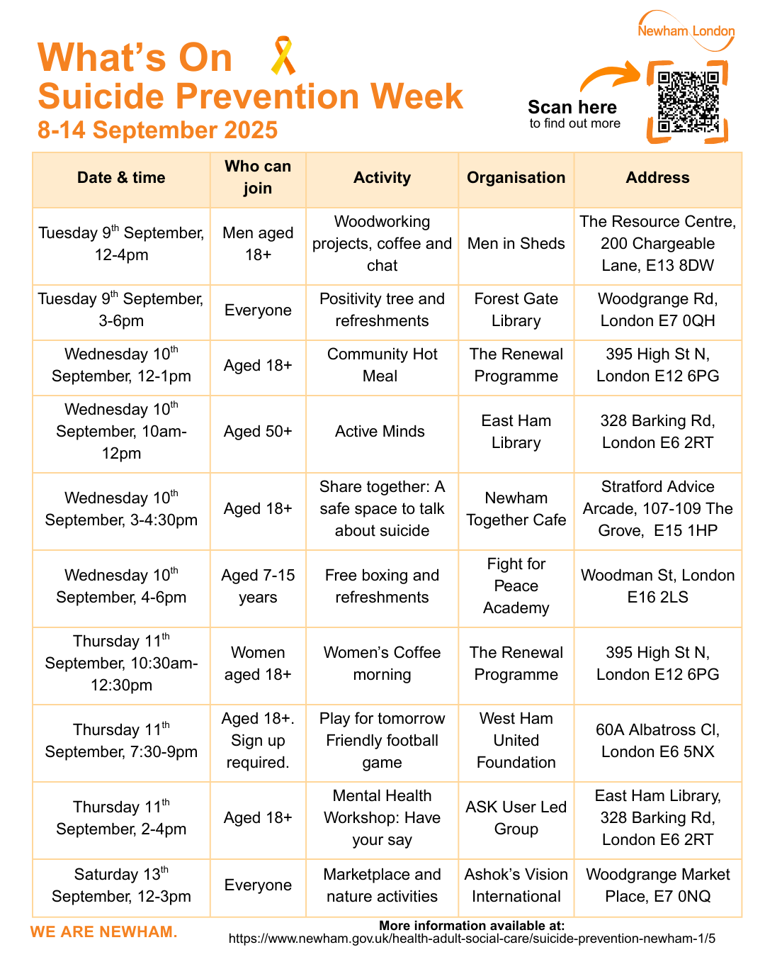 What's on Suicide Prevention Week Timetable