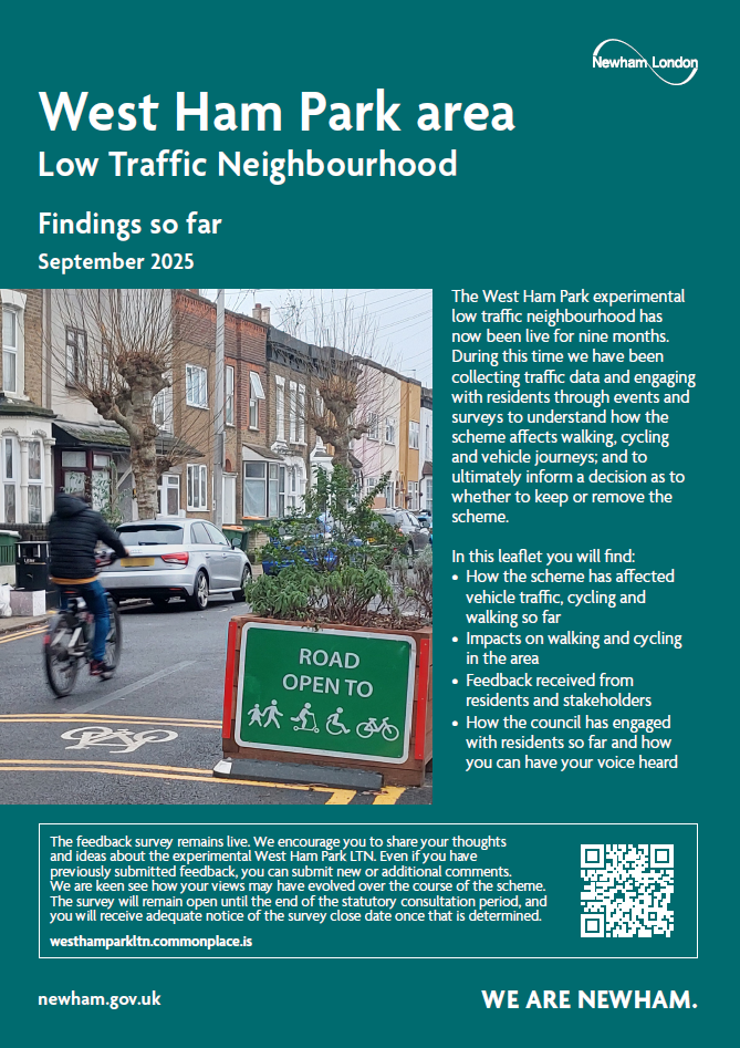 Cover of the September 2025 leaflet about the West Ham Park Low Traffic Neighbourhood (LTN) scheme. Includes summary points on traffic, walking and cycling impacts, resident feedback, and ongoing engagement. Features a call to participate in the live feed
