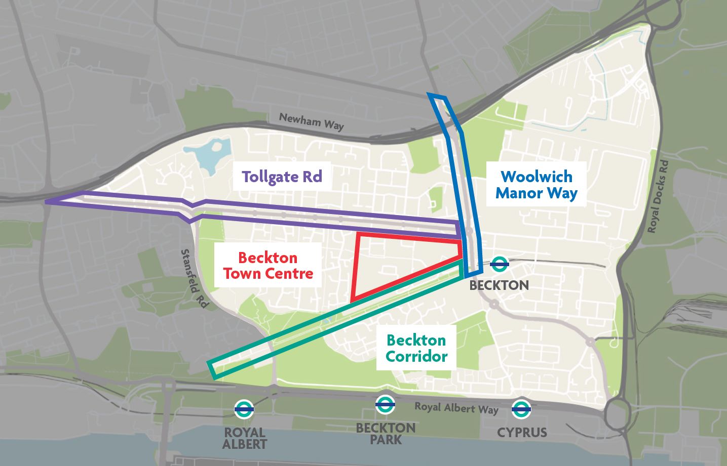 Project area map showing Tollgate Rd, Woolwich Manor Way, Beckton Town Centre, and Beckton Corridor